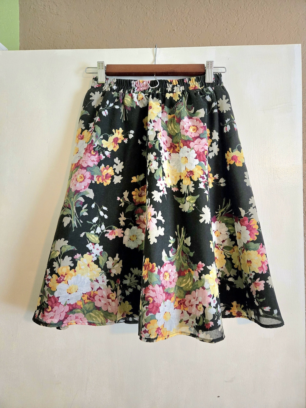 Melissa Black Floral A-Line Skirt with Pink & Yellow Blooms